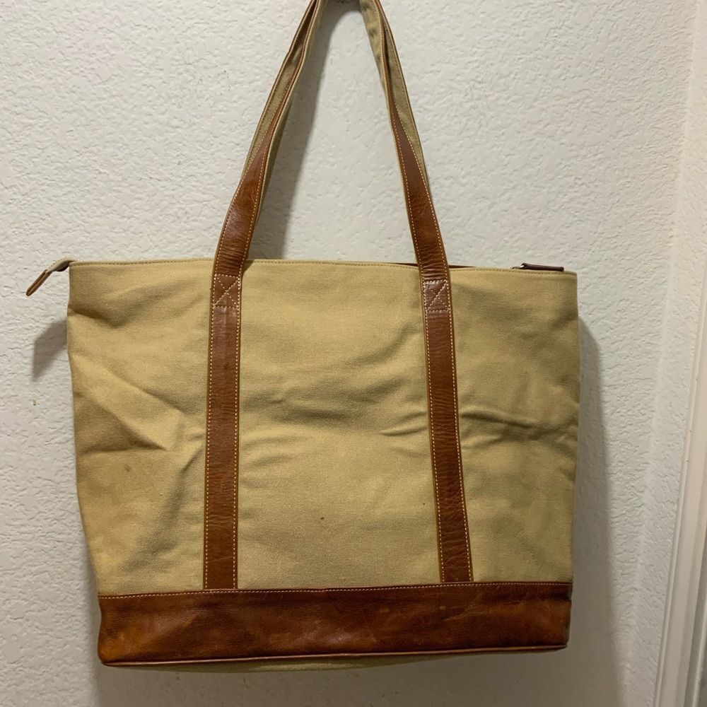 Barrington canvas leather zippered tote tan brown